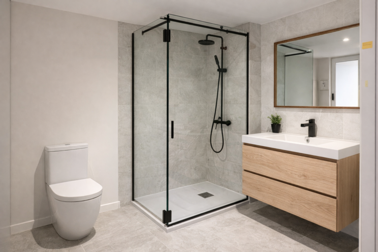 Baño reformado con plato de ducha moderno y mueble suspendido en Bizkaia