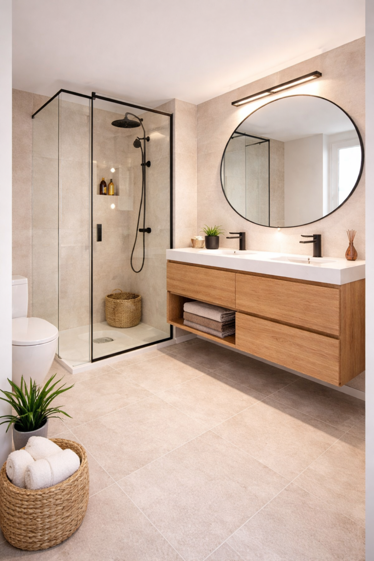 Detalle de baño reformado moderno con ducha y acabados limpios