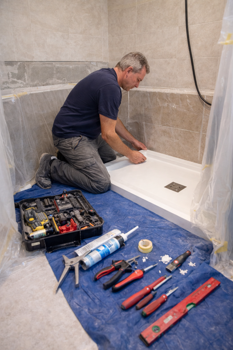 Profesional instalando plato de ducha durante reforma de baño en Bizkaia