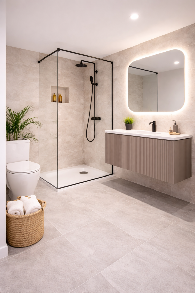 Baño terminado con ducha limpia, mampara fija y sensación de amplitud