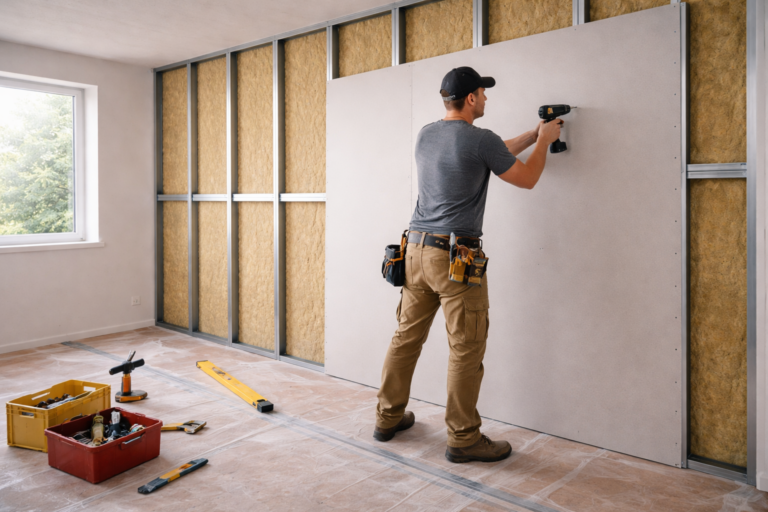 profesional instalando pladur en vivienda de Bizkaia con herramientas ordenadas