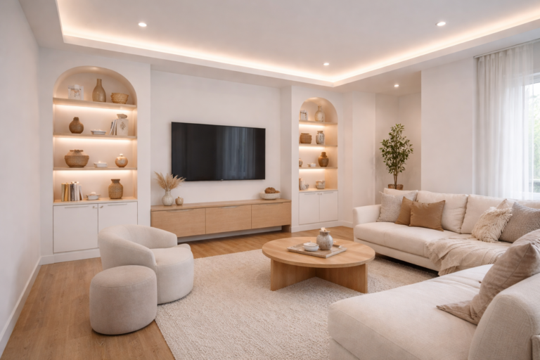 estancia terminada con pladur integrado y acabado limpio en Bizkaia