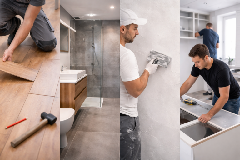 Reformas de vivienda: instalación de suelo laminado, baño moderno con ducha, alisado de paredes y montaje de cocina