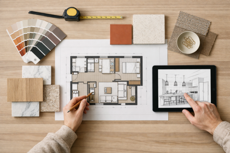Mesa de trabajo con plano de vivienda, muestras de materiales y tablet organizando una reforma