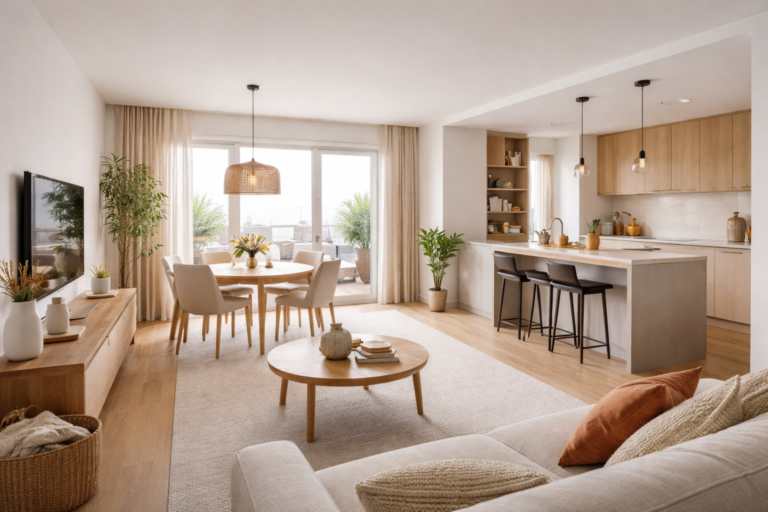 Salón comedor con cocina abierta reformada en estilo contemporáneo cálido con luz natural