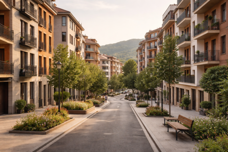Barrio residencial en Bizkaia con edificios rehabilitados y calles tranquilas