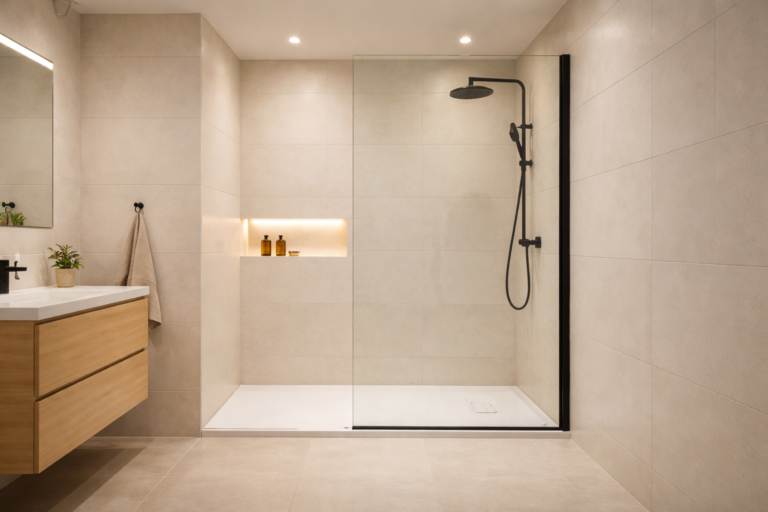 Baño moderno con plato de ducha accesible, sin bañera, mampara fija y acabados elegantes.