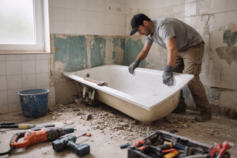 Profesional retirando una bañera vieja en un baño para instalar un plato de ducha.