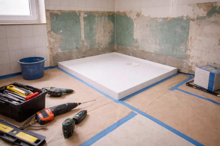 Instalación ordenada de plato de ducha en proceso de reforma de baño.