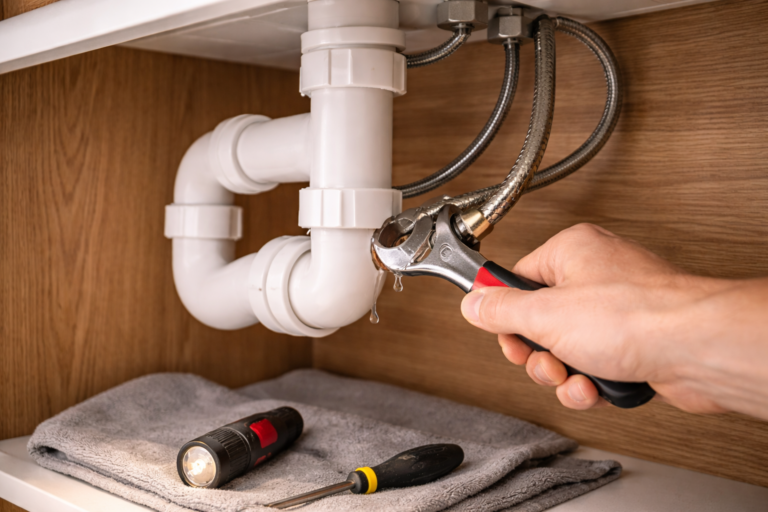 fontanero en Bizkaia reparando fuga bajo fregadero