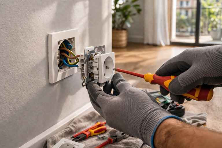 electricista en Bizkaia cambiando enchufe