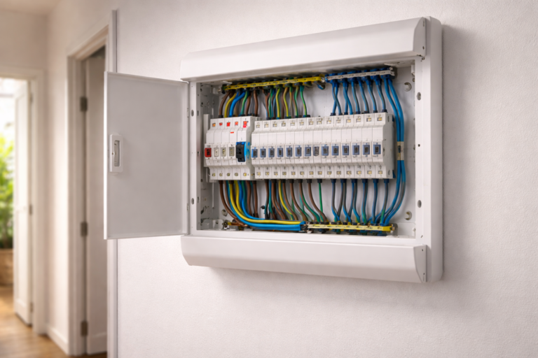 electricista en Bizkaia revisando cuadro eléctrico