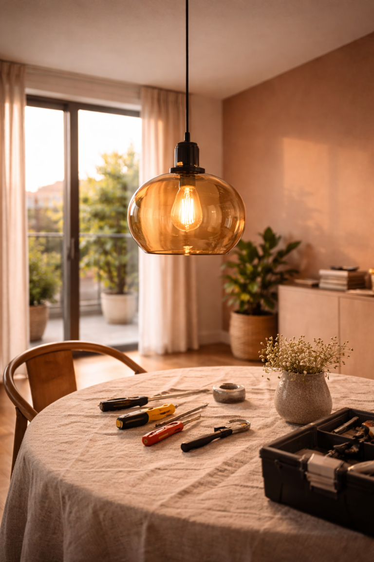 electricista en Bizkaia instalando lámpara